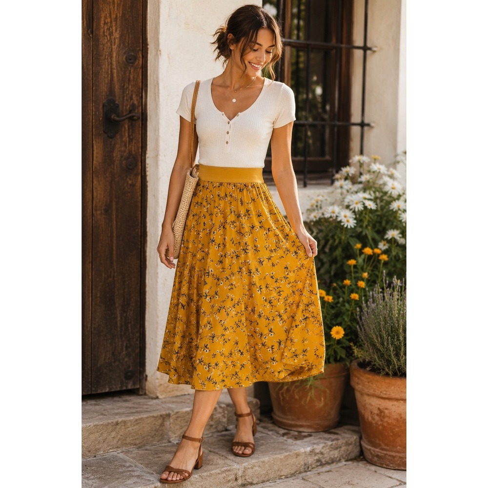 Andi + James Large Mustard Yellow Floral Midi Skirt Elastic Waist Cottagecore